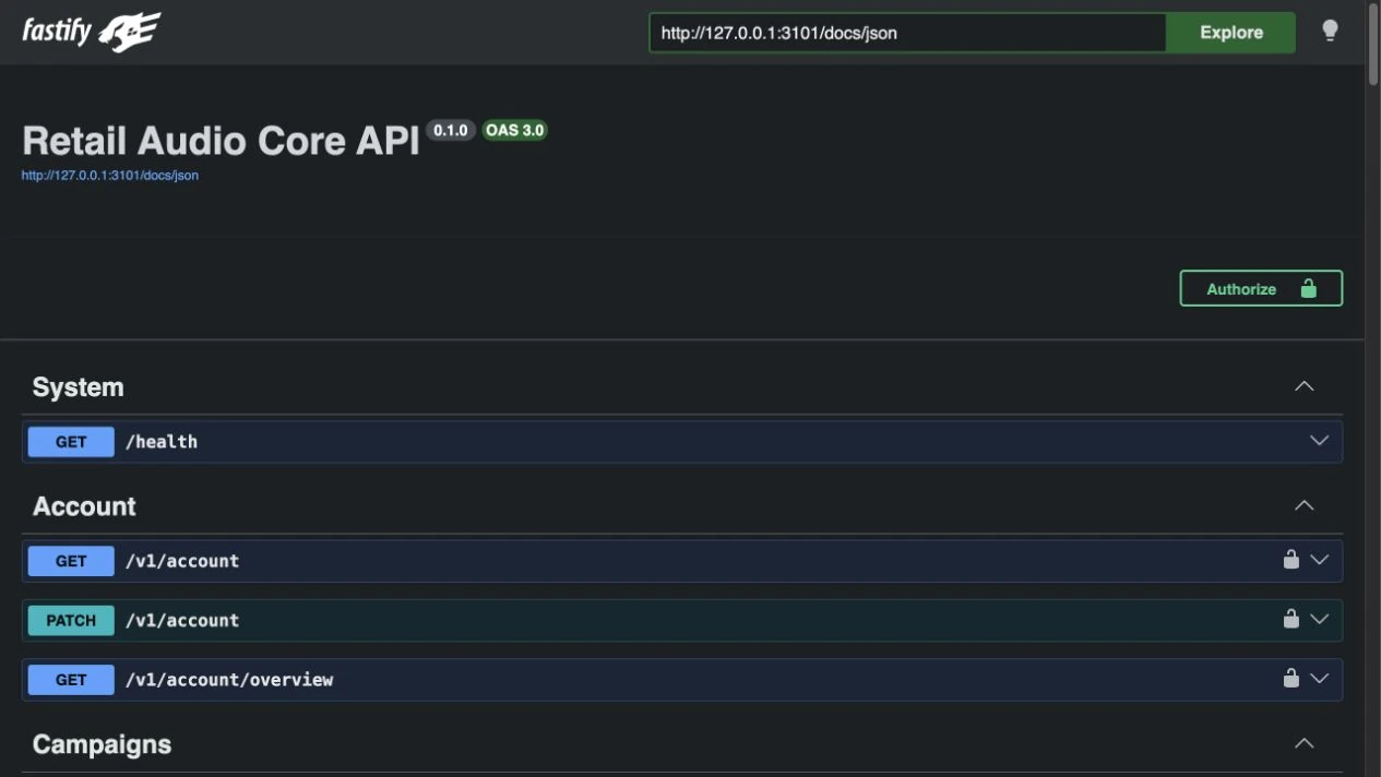 The Zonecast generated OpenAPI reference showing documented core API operations.