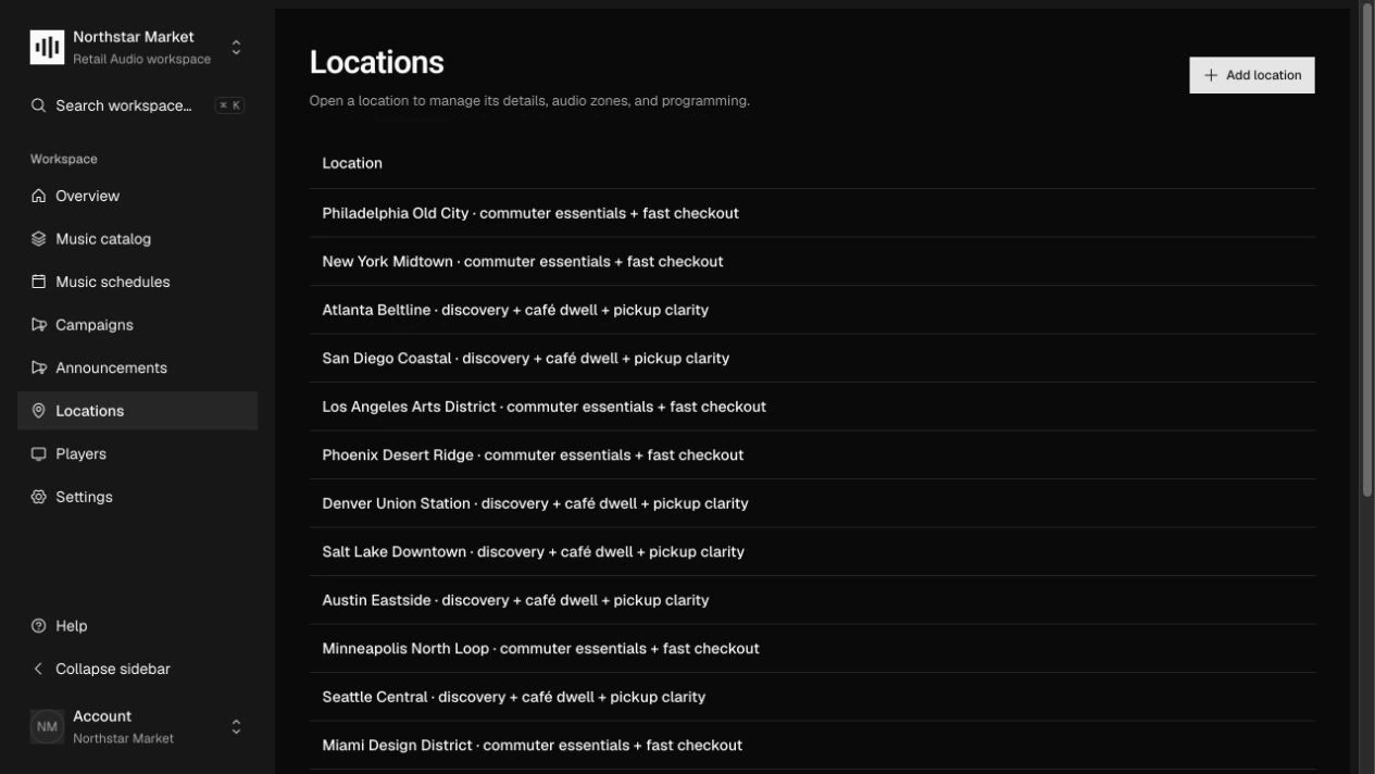 Zonecast location management with the stores in the Northstar demo account.