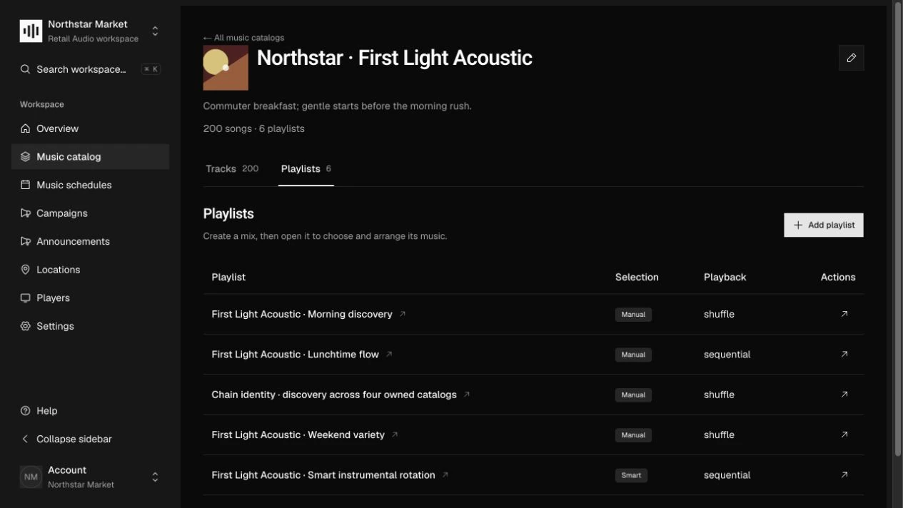 The First Light Acoustic catalog with manual and smart playlists in the Zonecast dashboard.