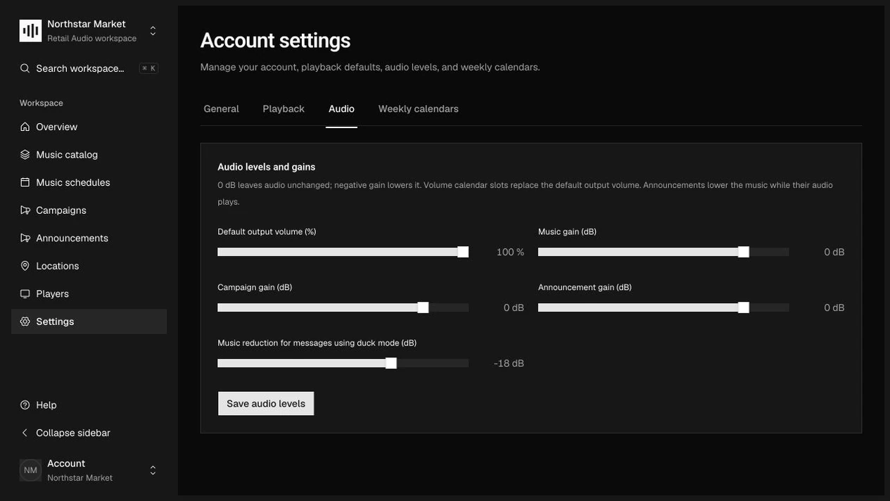 Account audio settings in Zonecast with independent output, music, campaign, announcement, and ducking levels.
